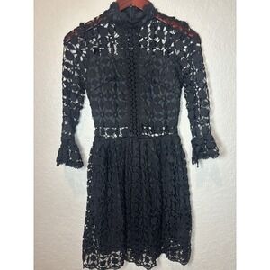 Black Eilly Bazar Mock Neck Lace Flounce Sleeve Mesh Insert Dress Sz XS